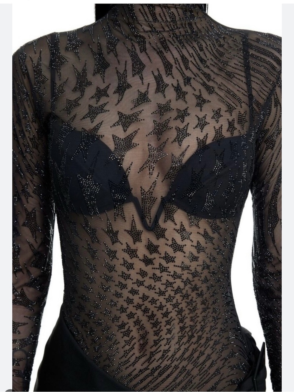 MUGLER X HM RHINESTONE SHEER Black Embellished STAR PATTERN MESH TOP